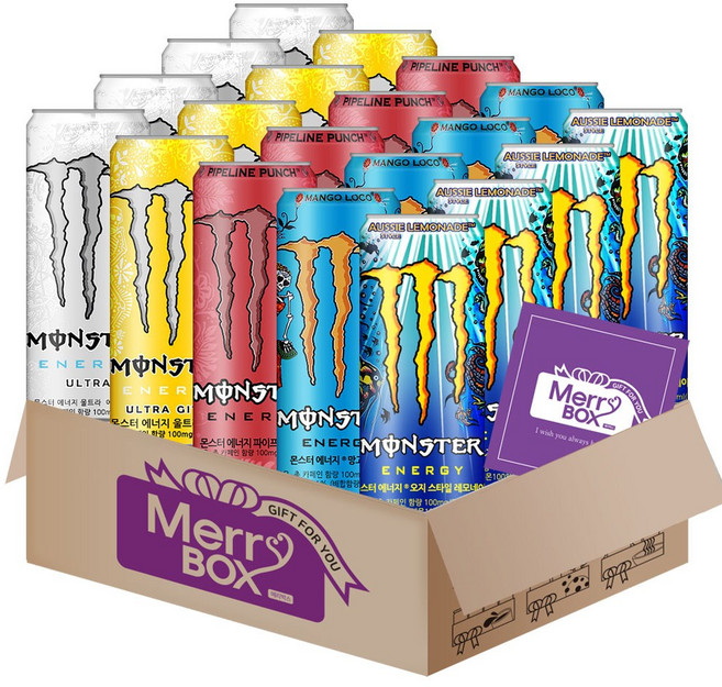 [메리박스]355ml x 20캔 혼합구성 몬스터 에너지드링크 울트라 시트라 펀치 울트라썬라이즈 망고로코 피치킨+메세지카드, 옵션7{레몬4+울트라4+시트라4+펀치4+망고4} 20입, 355ml, 1세트