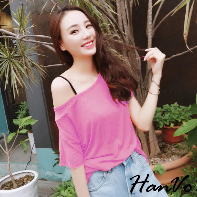 HanVo 莫代爾斜肩一字領T恤 春夏顯瘦涼感寬鬆上衣 女生衣著