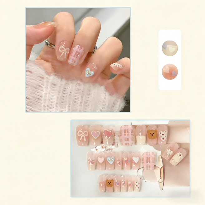 FAINAL SENSE 착용형 인조네일 고급스러운 착용형 인조네일 네일팁 가죽 네일, 1개, 허니티 베어