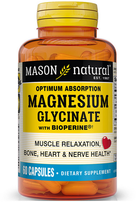 Mason Naturals Optimum 腸道吸收甘胺酸鎂與黑胡椒鹼膠囊, 1個, 60錠
