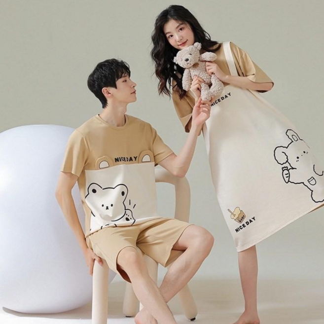 러빙유 커플잠옷 귀여운 신혼부부 원피스 반팔 민소매 캐릭터 순면 여름