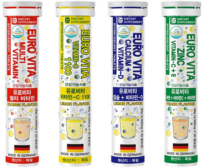 내츄럴365 독일 유로비타 발포비타민 4종세트 멀티/비타민C/칼슘/아연, 1세트, 80정