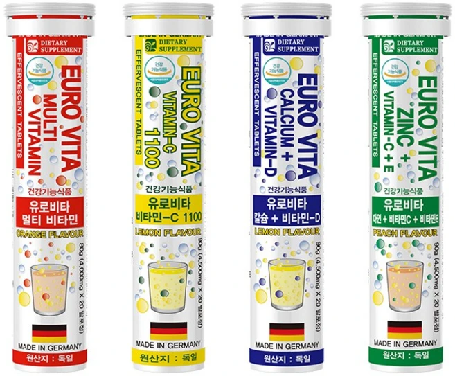 내츄럴365 독일 유로비타 발포비타민 4종세트 멀티/비타민C/칼슘/아연, 1세트, 80정 - 쿠팡