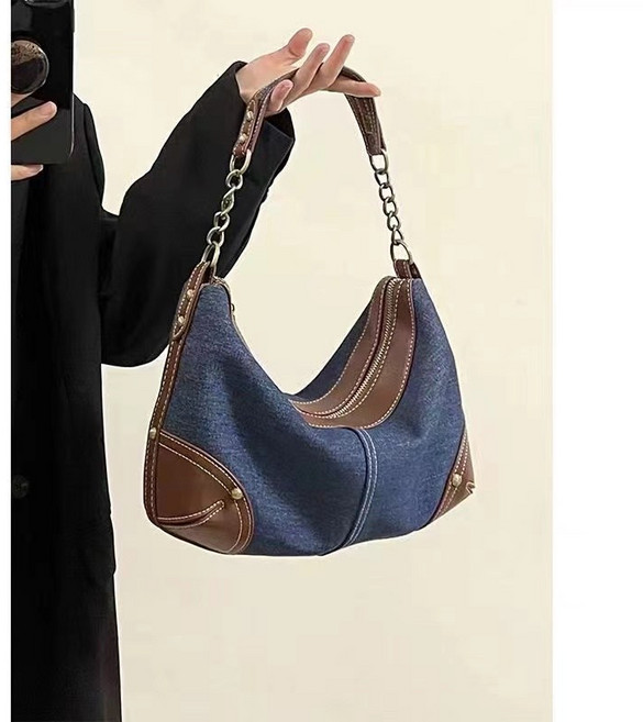 Angel 빈티지 데님 캔버스백 심플 바게트백 대용량 숄더백