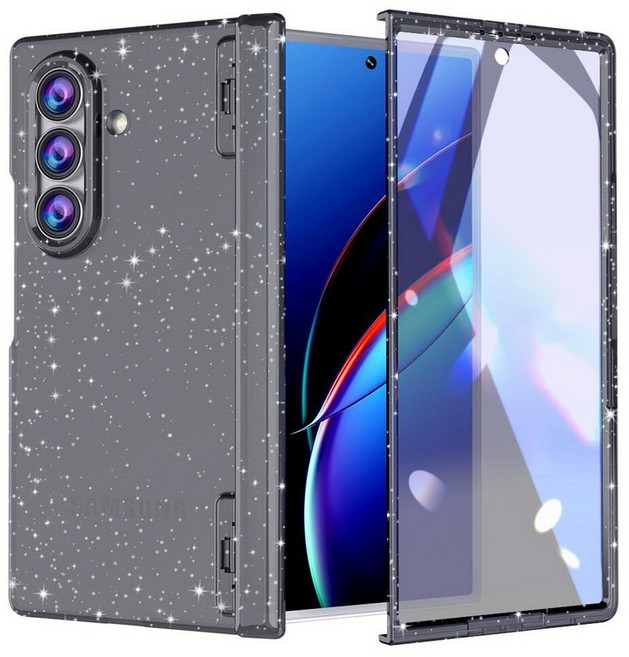 FABSPARK 삼성 갤럭시 Z 폴드 7용 케이스 내장 액정보호필름 경첩 보호 반짝이는 반짝이 크리스탈 클리어 투명 슬림 핏 아크릴 하드 PC 7 케이스 글리터, Samsung Galaxy Z Fold 7, 글리터 블랙