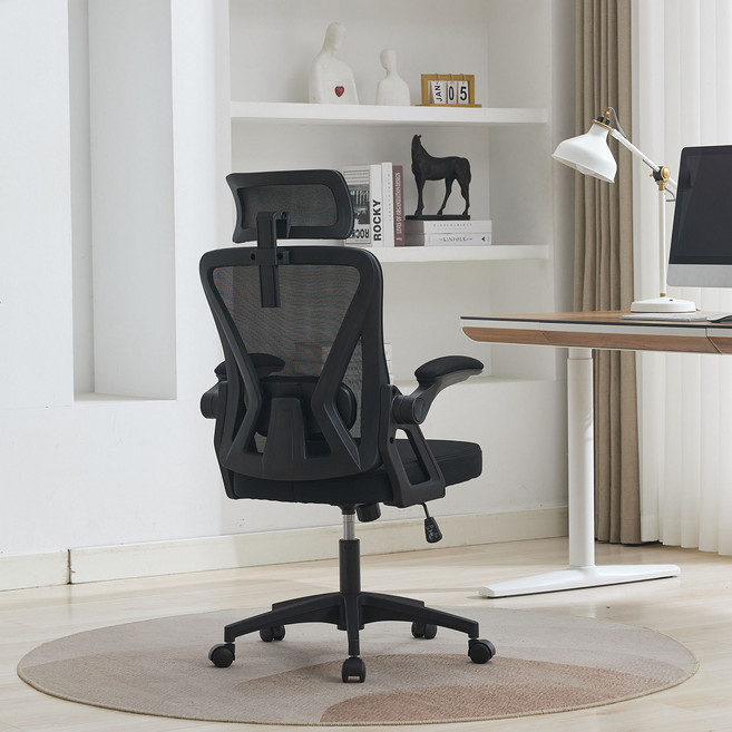 Koaris 고급 메쉬 코듀로이 사무용 의자 헤드레스트+요추받침 조절 가능 컴퓨터 의자, 블랙