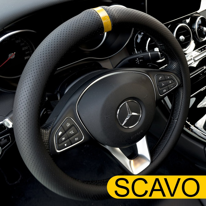 스카보 럭셔리 블랙나파&이태리천연가죽 3종컬러 순정핏 자동차 핸들커버, 엠보 옐로우