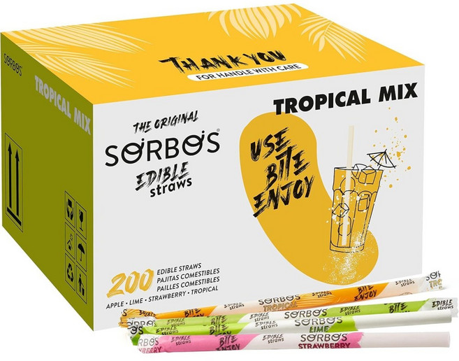 SORBOS 소르보스 트로피칼 MIX 식용 빨대 열대과일 사과 라임 딸기향 200개 개별포장 무글루텐 100% 생분해 생일파티 행사용 스페인 미국