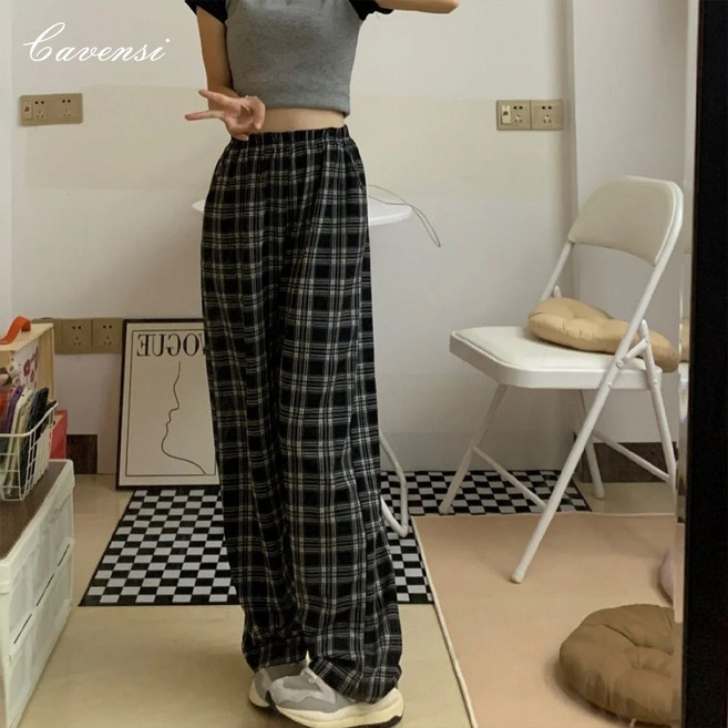Cavensi 格紋寬褲 鬆緊腰 寬鬆休閒