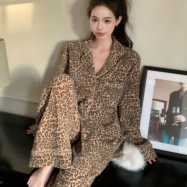 豹紋圖案睡衣 套裝, 1個, A25-老錢風豹紋【長袖+長褲】M 建議推薦85-100斤