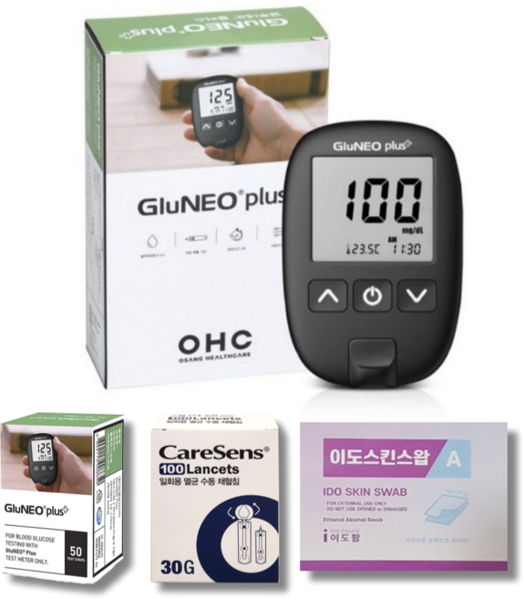 글루네오플러스 혈당측정기 1대+시험지50개+침100개+솜100개 글루네오 플러스 뇨혈당측정기 혈당계, 1세트, IGM-1003EKS 50SET