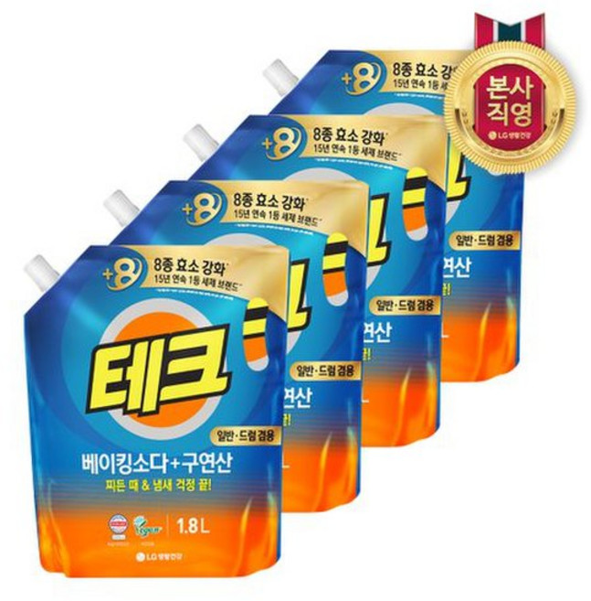 엘지생활건강 []테크 베이킹소다+구연산 액체세제 일반 드럼 겸용 리필 1.8L 4개 고농축 빨래 세탁세제