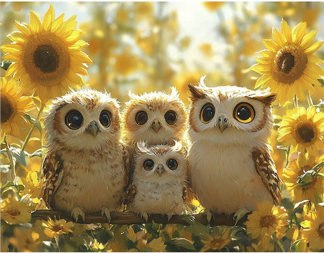 호우맘 액자 캔버스형 보석십자수 DIY 키트 40 x 50 cm, 1개, HM-118 부엉이와 해바라기