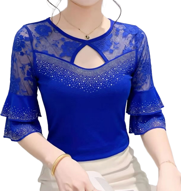 뉴타임즈 라인댄스복 브이넥 레이스 펀칭 핫픽스 칠부 상의