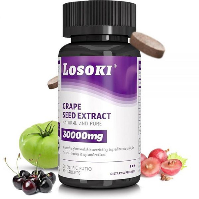 Losoki 피부 영양 보충제 - 포도씨 추출물 글루타티온 콜라겐 화이트 토마토 야생 체리 및 비타민 C 함유 60정, Losoki 피부 영양 보충제 - 포도씨 추출물, 글루, 1개, 0.9962139962167235