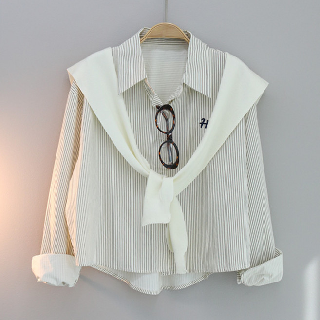 달콩 자수스트라이프셔츠숄세트 카라셔츠 긴팔 남방 데일리룩 오피스룩