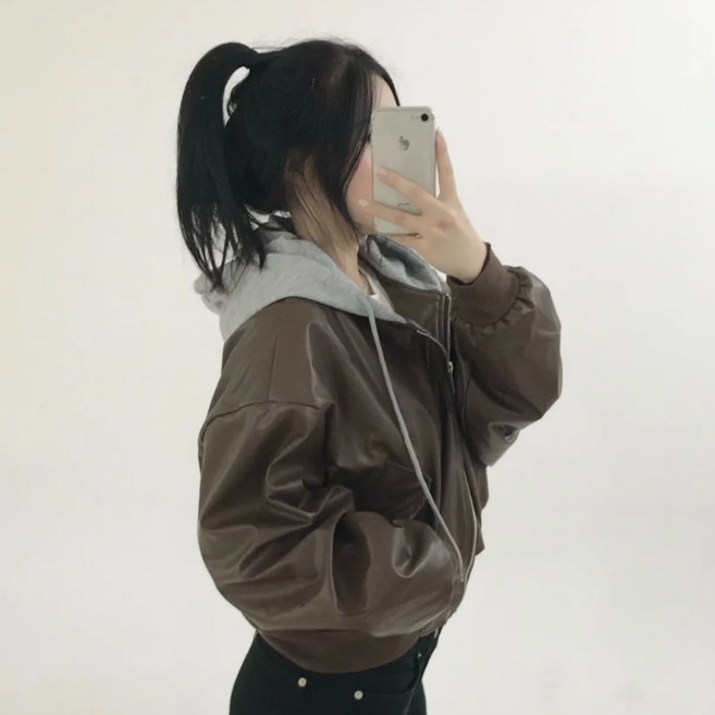[호댕몰/#자체제작] 후드 레더 라이더 자켓 간절기 가죽자켓 학생코디