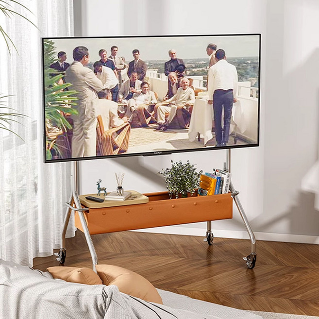 북유럽 이동식 실버 프레임 TV 거치대 가죽포켓 트레이 티비선반 32-85인치, 단품