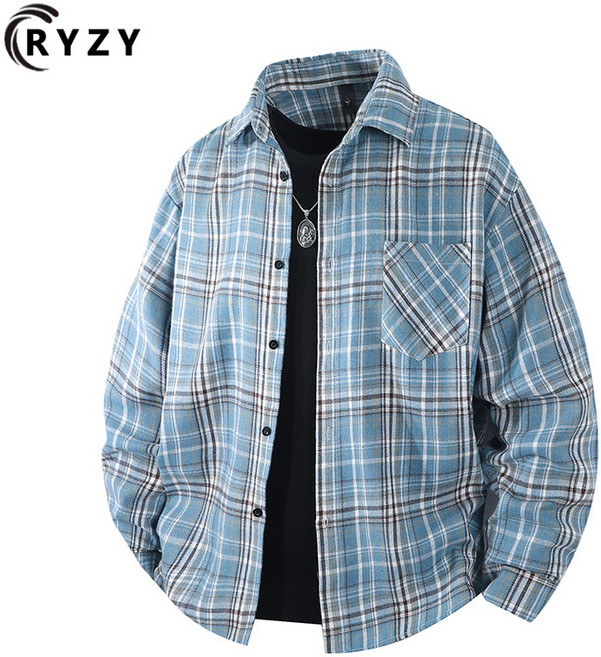 長袖格子襯衫 寬鬆大版型 翻領外套 韓系復古風格 情侶款 藍色