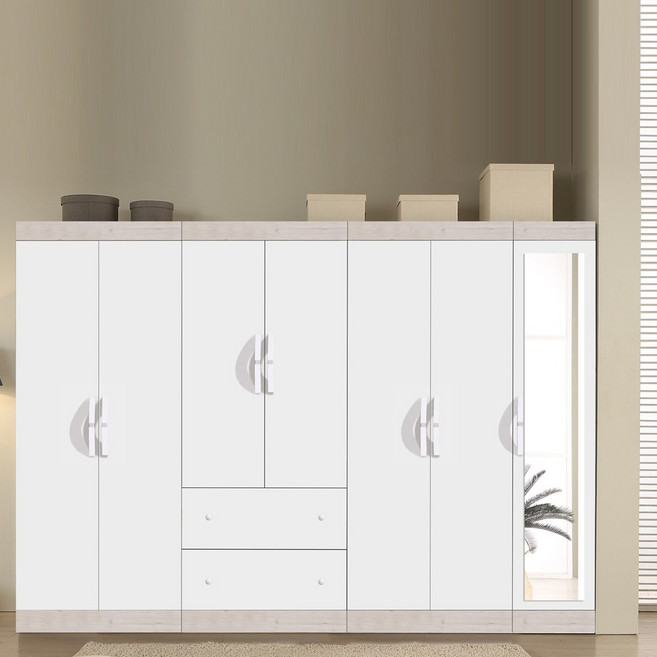 빅로드가구 NEW 거울형 나비 10자 장롱세트 양복장+투서랍+이불장+거울틈새장, 워시화이트