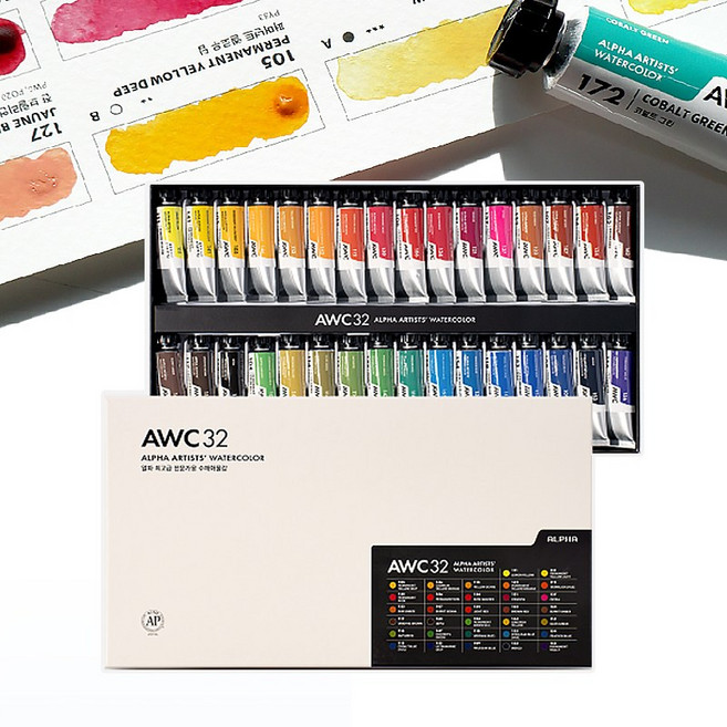 알파색체 AWC 수채화 물감 Set 15ml 32색 (TINT) 발색표차트 맑은투명도 어반스케치, 32개