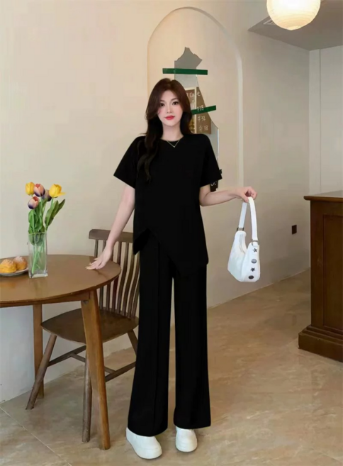 여성 루즈핏 반팔 투피스 세트 하이웨스트 와이드 팬츠 꾸안꾸 스타일 편한 데일리룩 여름 캐주얼 심플한 세련된 트렌디 패션