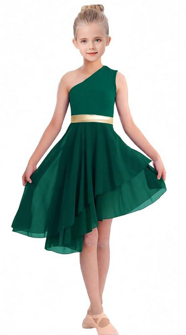 ORIDOOR Oblique Shoulder Praise Dance Costume for Girls Metal Irregular Worship Ceremony Lyrical, 9~10세, 02-다크 그린