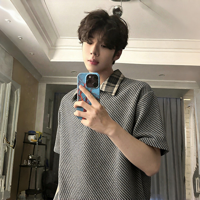 스타일닥터 여름 남성 폴로 셔츠티셔츠 체크 칼라 텍스처 오버핏 반오픈 넥 데일리 캐주얼 상의