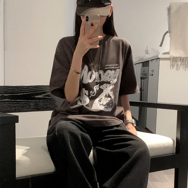 티데일리 머니 프린팅 오버핏 17수 빅사이즈 라운드 반팔 티셔츠
