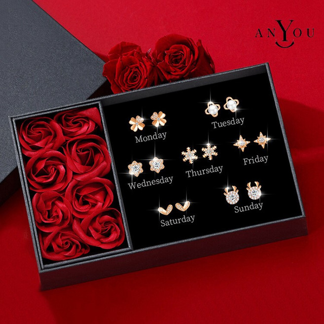 ANYOU 일주일 7종 여성용 프리미엄 귀걸이 장미 선물세트 여자 데일리 무알러지 순은침 패션귀걸이