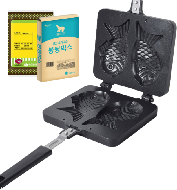 붕어빵 만들기 팬 재료 세트 (국산 붕어빵틀 2구+붕어빵 믹스1kg+팥앙금1kg), 1개