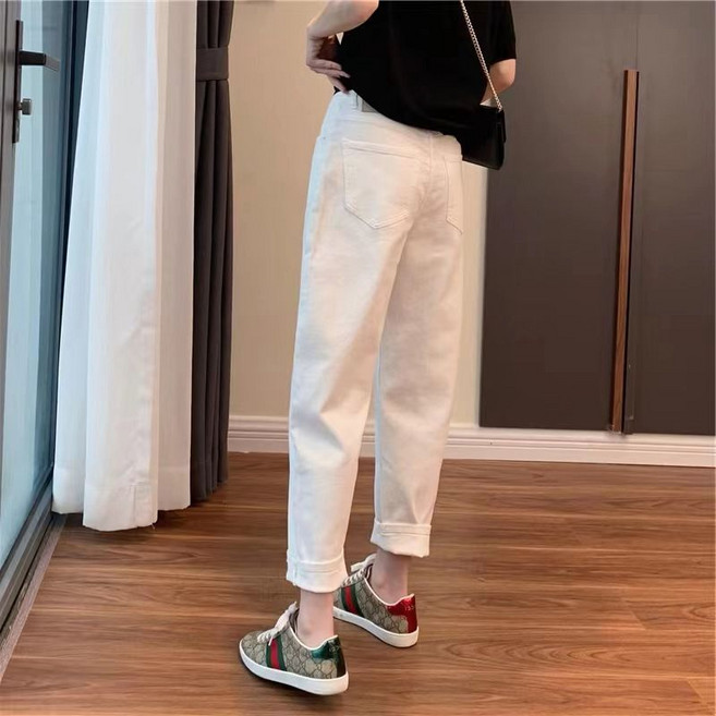 쁘띠꼬모 여성 배기 데님 팬츠 화이트 9부 슬림핏 청바지 W 532642