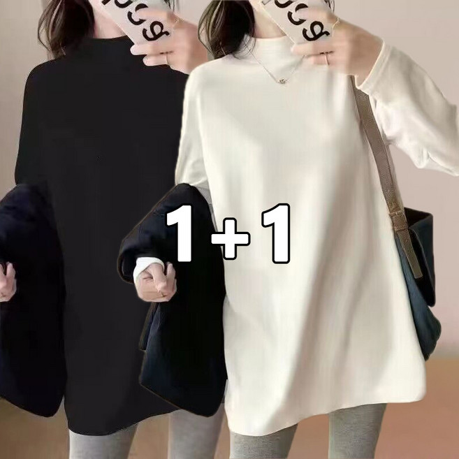 꽃소담 1+1 여성 긴팔 반폴라 롱 티셔츠 데일리 루즈핏 상의 이너티 MQ26A200