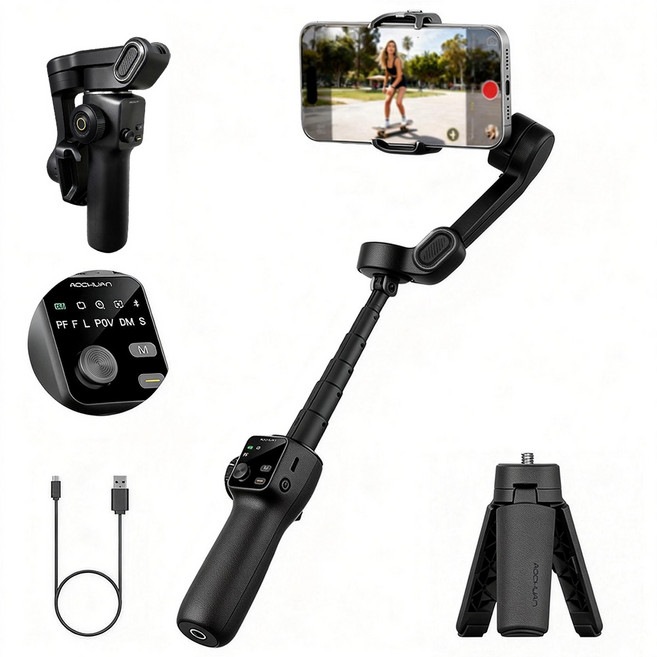 AOCHUAN 스마트폰 짐벌 삼축 안정기 AI 자동 추적 안티셰이크 블루투스 셀카봉 삼각대 겸용 접이식 Vlog 유튜브 촬영용, 검은색, 1개, V8