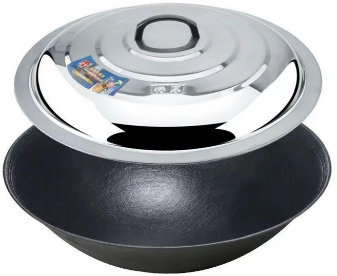 업소용 대형 무쇠 깊은 요리 주물팬 냄비 중국 가마솥, 1개, 48cm 스테인리스 뚜껑 포함, 1cm