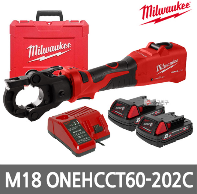 밀워키 M18 ONEHCCT60-202C 충전 유압 케이블 압착기 스트레이트 18V 2.0Ah 6톤, 1개