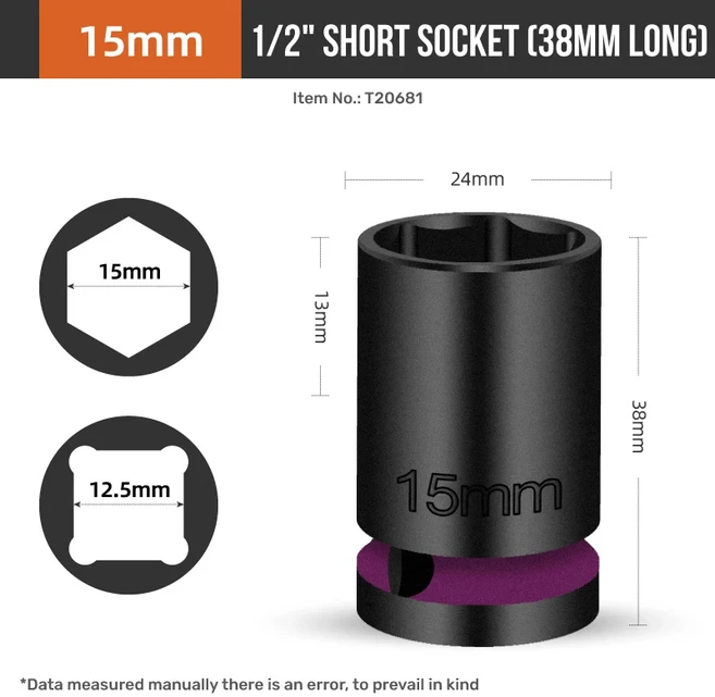 하이스펙 1/2 짧은 공압 소켓 세트 38mm - 충격 등급 유니버셜 조인트 Cr-V 스틸 1/2 드라이브 8mm-21mm, 06 15mm, 01 38mm, 01 CHINA, 1개