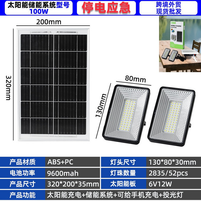 100W太陽能儲能板 12W雙USB輸出, 1個, 100W太陽能储能板+高品質照明燈*2