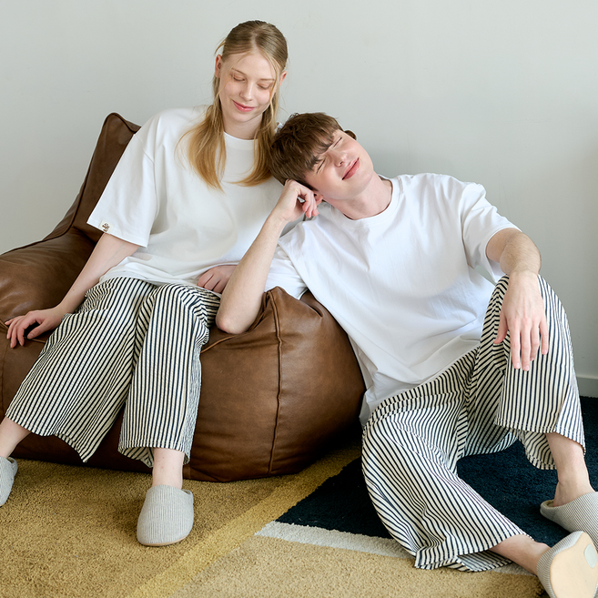 1+1 루즈핏 스트라이프 9부 하의 와이드 커플 잠옷 반바지 여름 홈웨어