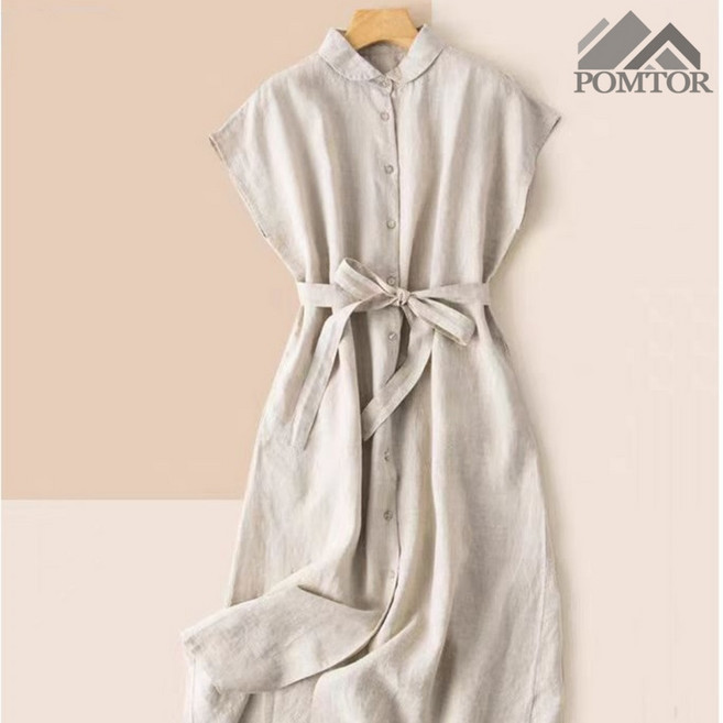 POMTOR 여성 여름 빅사이즈 루즈핏 A라인 면마 롱 민소매 원피스