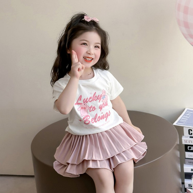 소소키즈 여아 핑크 반팔 티셔츠 주름 스커트 상하복 아동 키즈 주니어 여름 치마