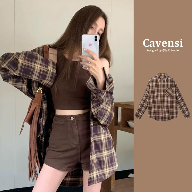 Cavensi 格紋襯衫 奶咖 藏青 S-2XL 寬鬆 大尺碼