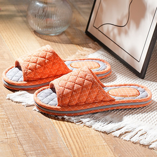 [Cool Share] 3중 쿠션 폭신 퀼트 면 거실화 층간소음방지 실내슬리퍼 실내화, 모던 오렌지, 1개