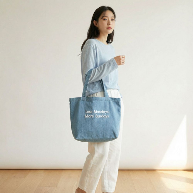 여성 데님 레터링 에코백 캔버스 숄더백 데일리 보조가방 두루살림