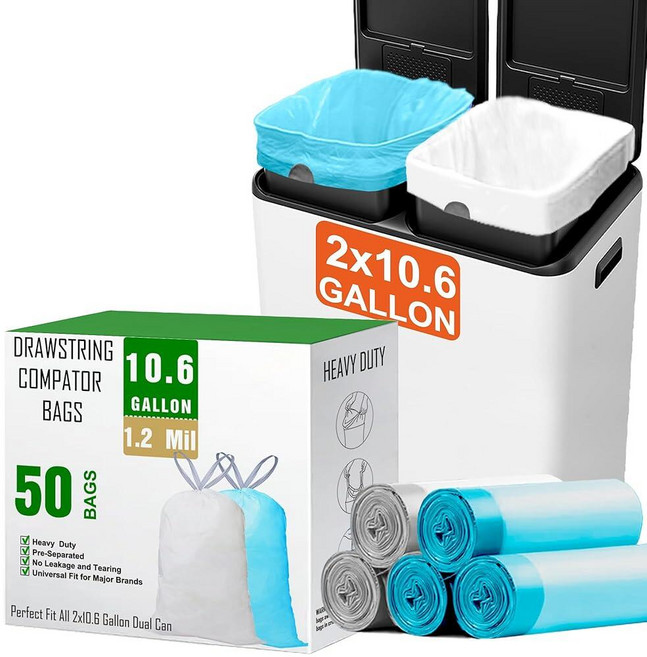 10.6 Gallon Trash bags for Dual Compartment Can 2 x 10.6 Gallon 50 Count 1.2 Mil Thickness Blue Wh, 10.6 Gallon Trash bags for Dua