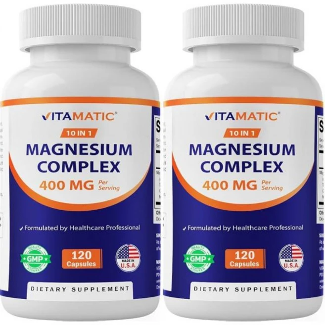Vitamatic 마그네슘 복합체 400mg Elemental MG (비글리시네이트 구연산염 타우레이트 말레이트 아스파르테이트 산화물 글루코네이트 라이시네이트 글, Vitamatic 마그네슘 복합체, 400mg Elem, 2개, 120정 - 쿠팡
