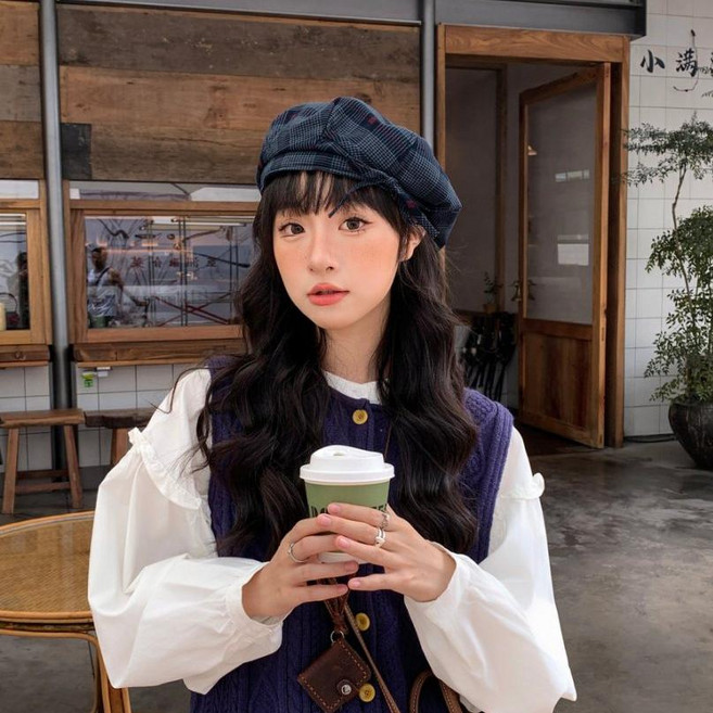 Couchsurfing 여성용 빈티지 체크 리본 디테일 베레모