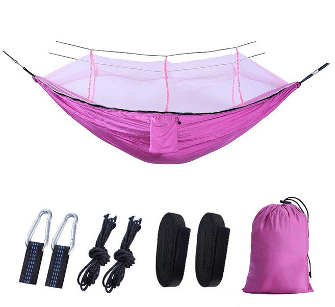 戶外露營 蚊帳吊床 250KG承重 尼龍吊床附蚊帳, 260*140CM（粉色）