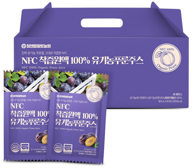 참앤들황토농원 NFC 착즙 유기농 푸룬 주스 30포입 푸른 주스, 2.4L, 1박스