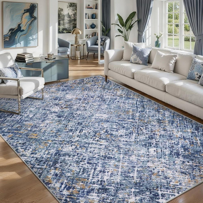 Tangsoo Blue 4x6 Washable Area Rug Modern Non Slip Indoor Rugs for Living Room Abstract Contempo